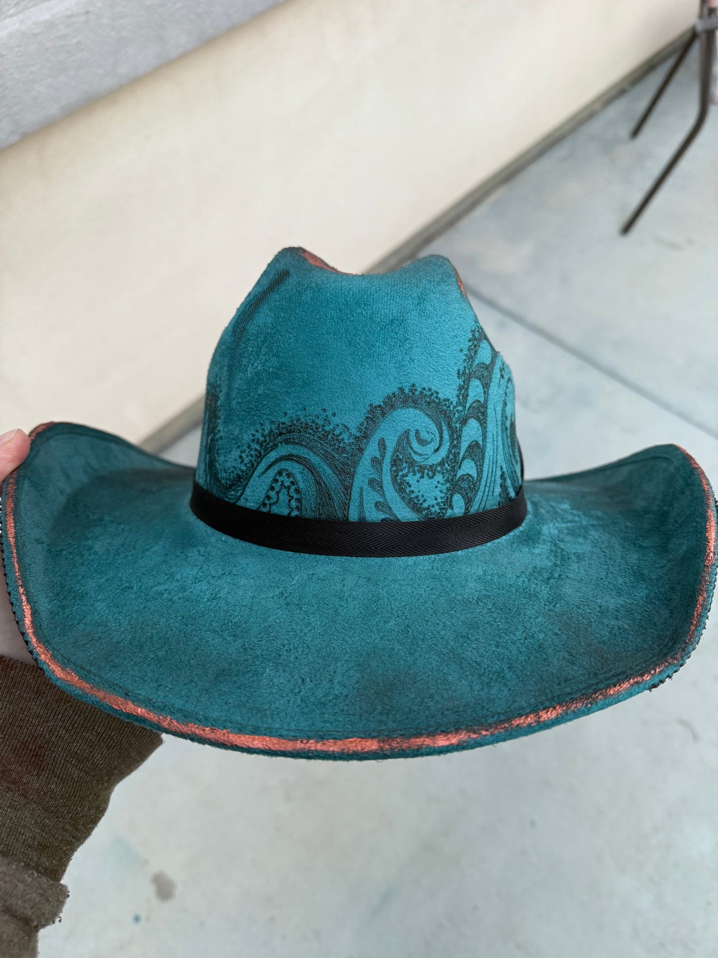 Tooled leather teal suede wide brim cowboy hat