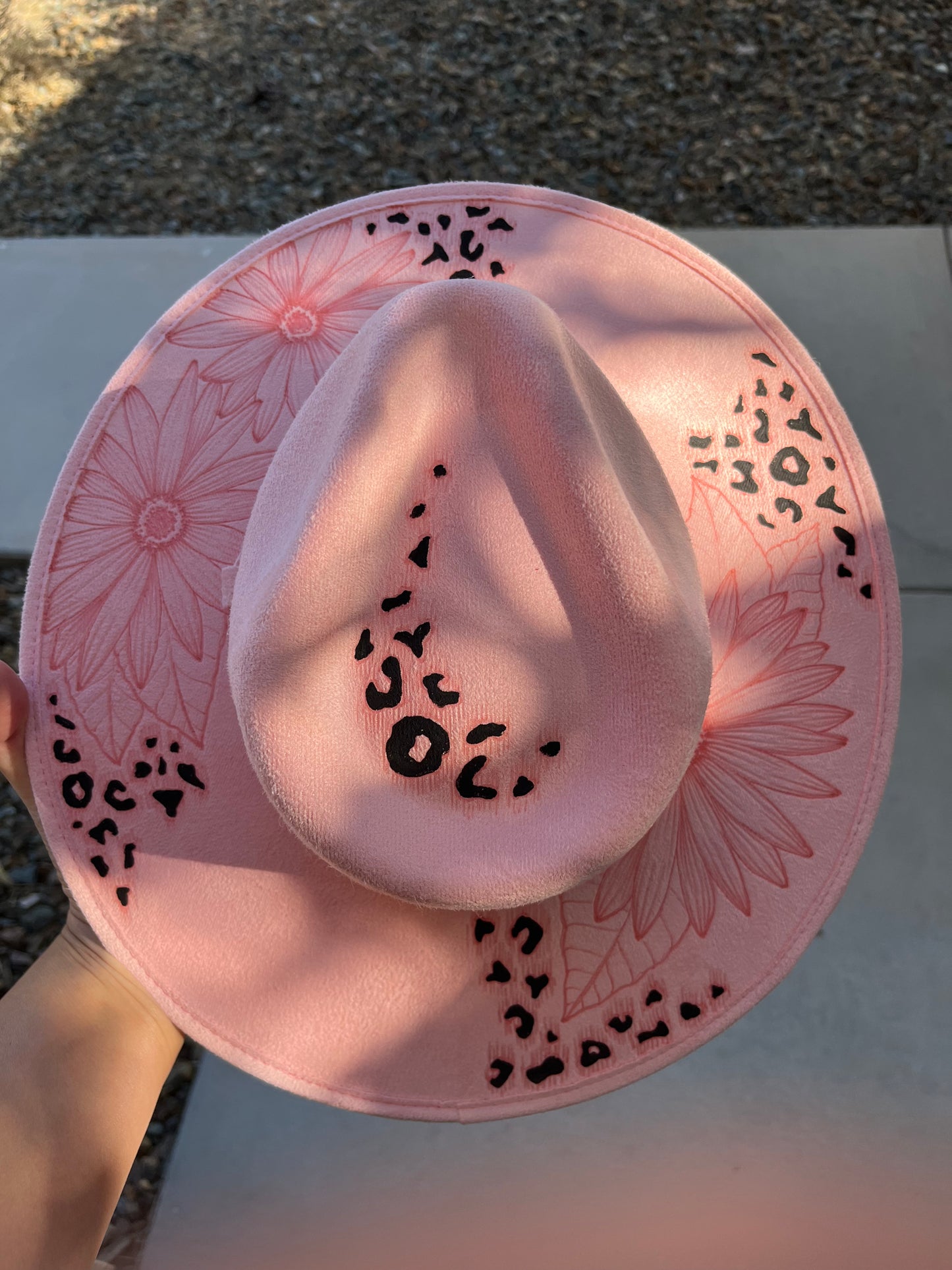 Light pink sunflower cheetah leopard suede wide brim rancher hat