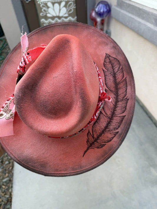 Coral feather suede wide brim rancher hat