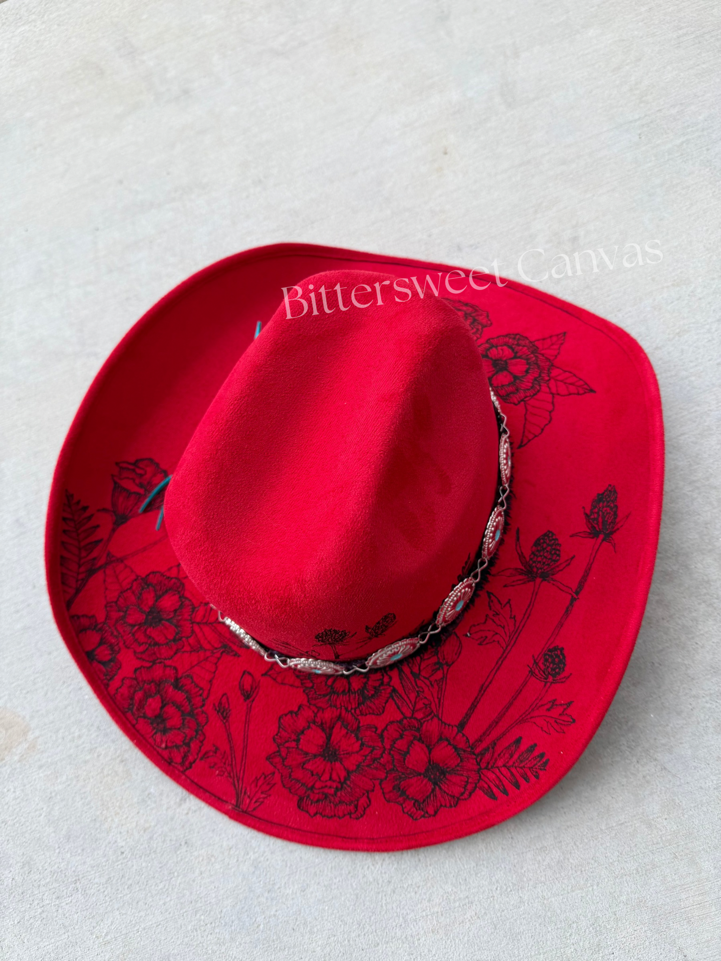 Red floral burned suede wide brim cowboy hat