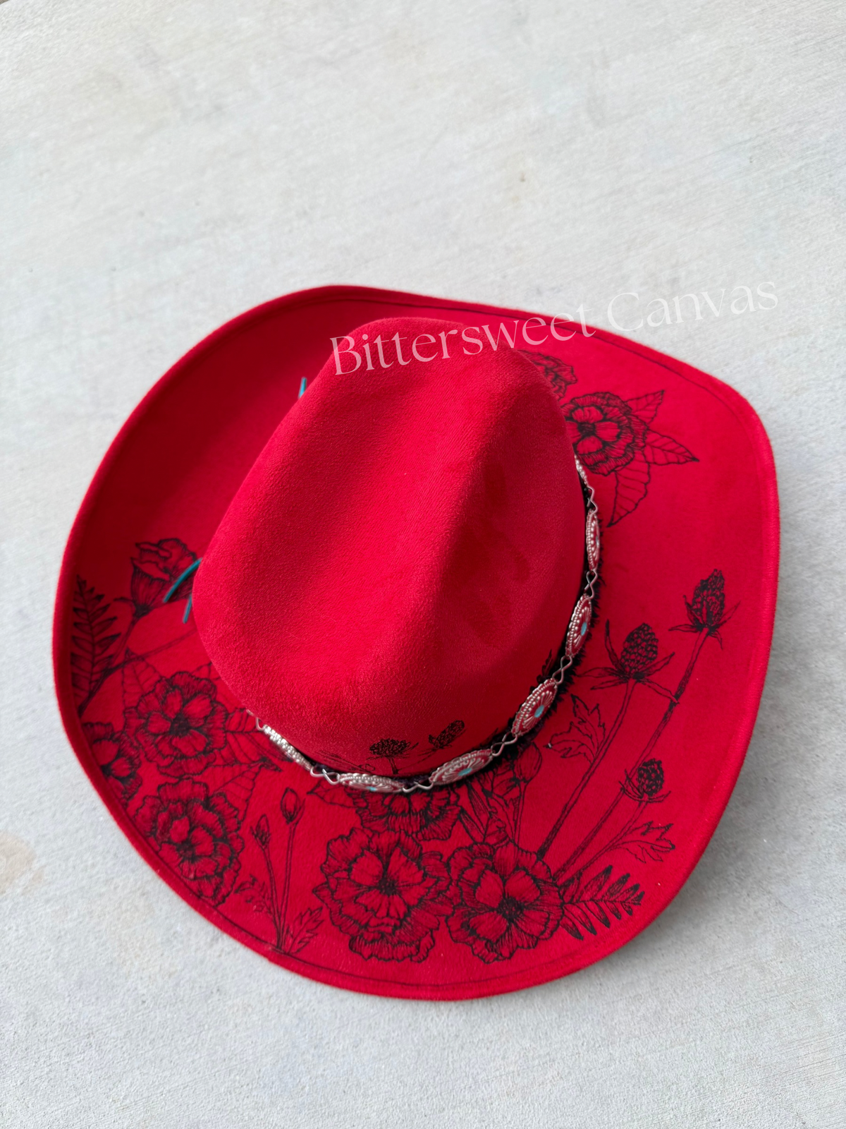 Red floral burned suede wide brim cowboy hat – Bittersweet  display picture 1
