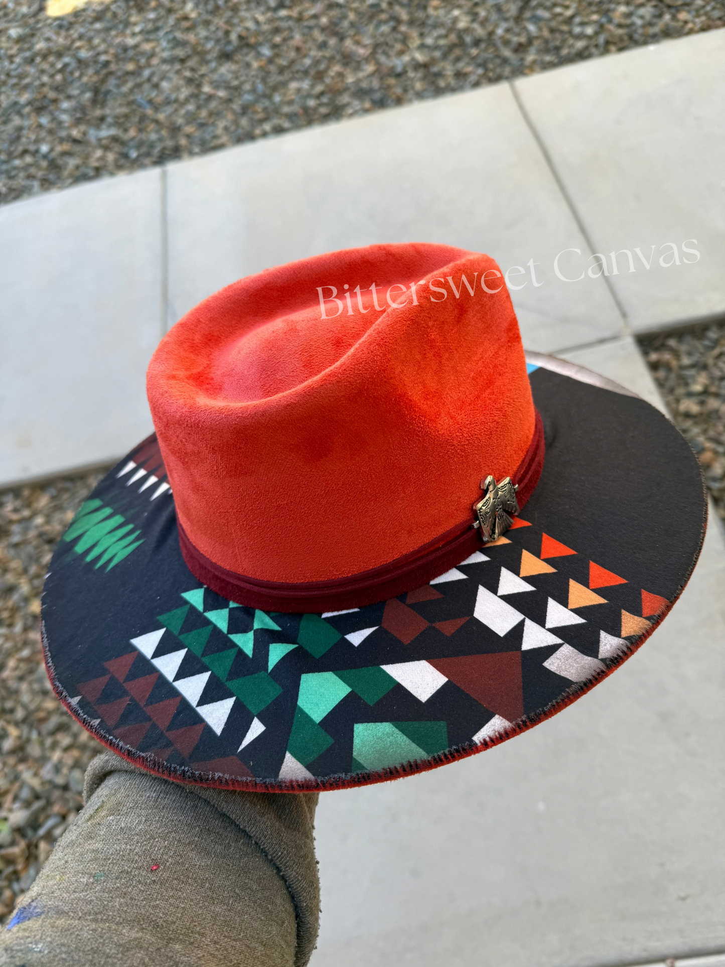 Orange pendleton tribal plaid felt wide brim rancher hat