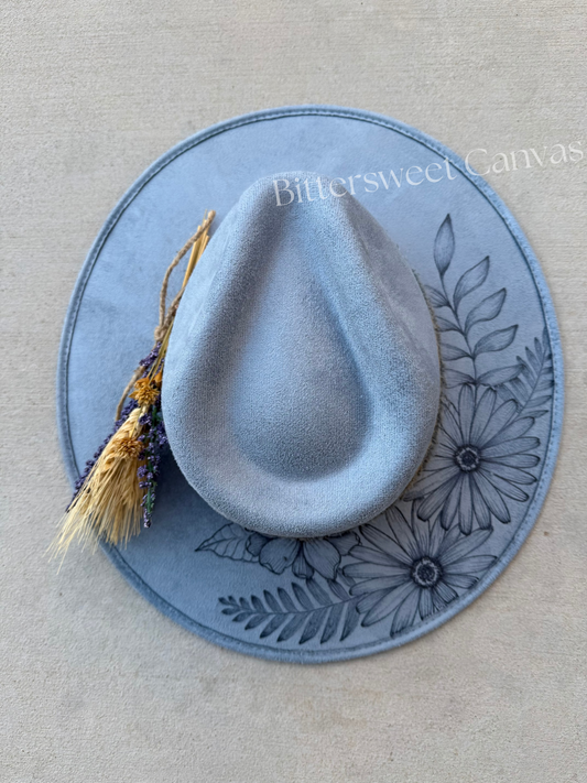 Light blue floral burned suede wide brim rancher hat