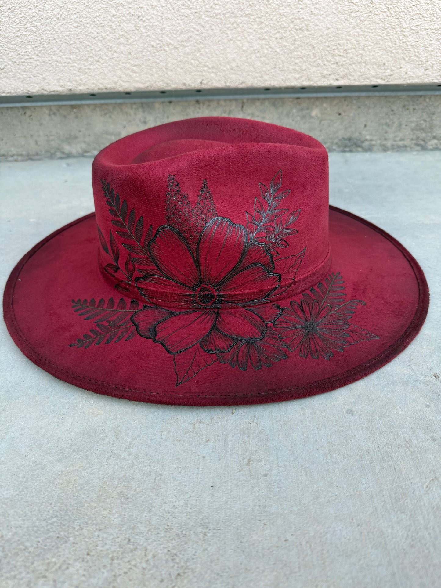 Botanical wine maroon burned wide brim rancher hat