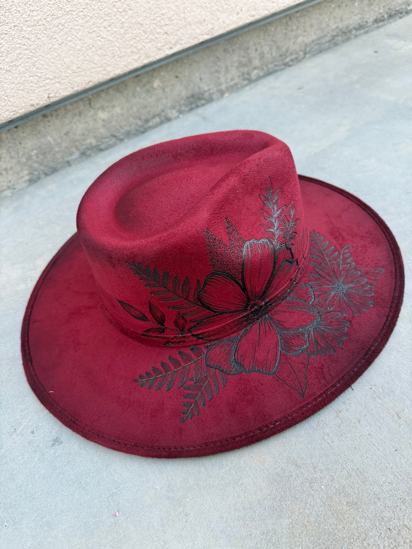 Botanical wine maroon burned wide brim rancher hat