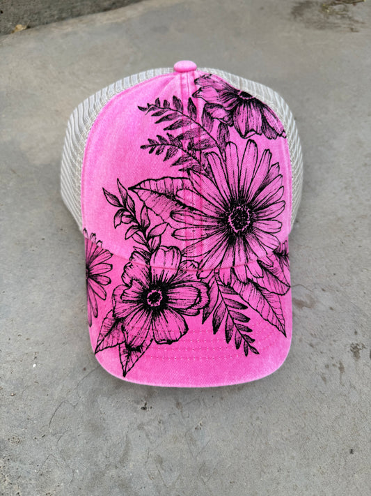 Floral pink  distressed trucker hat custom ball cap SnapBack