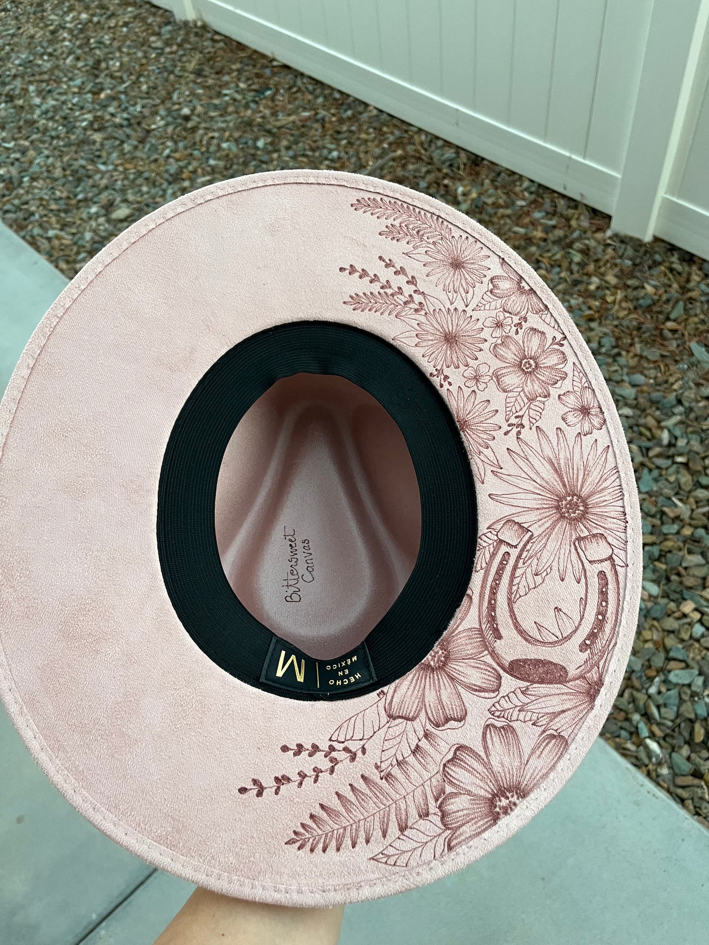 Blush pink floral horseshoe burned suede wide brim rancher hat