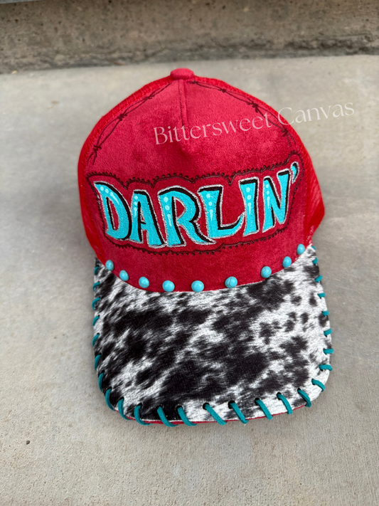 Darlin red cow hide trucker hat custom ball cap SnapBack