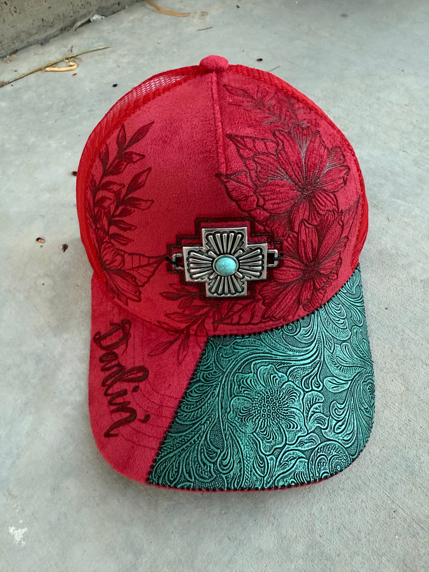 Red floral burned concho trucker hat custom ball cap SnapBack