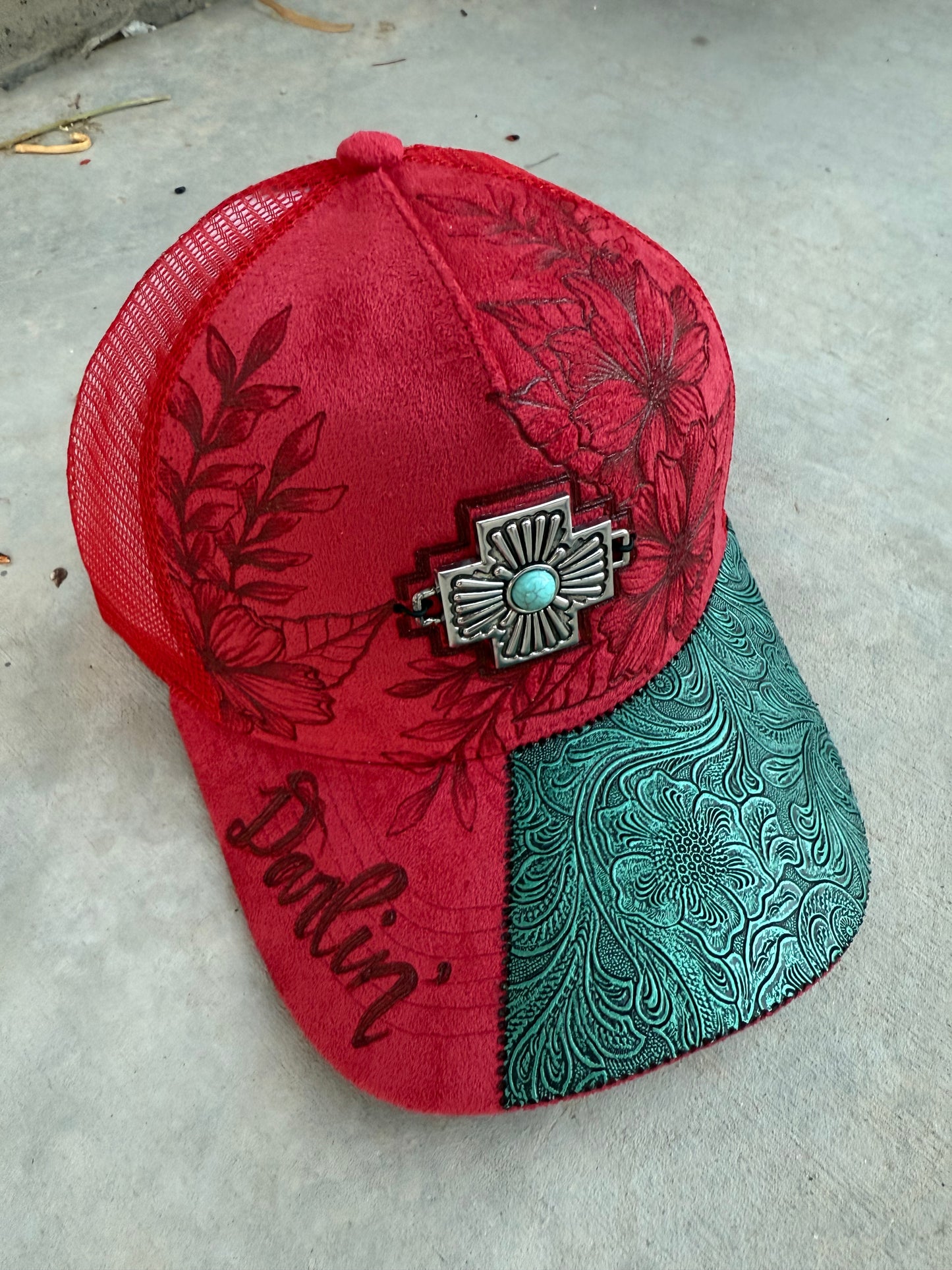 Red floral burned concho trucker hat custom ball cap SnapBack