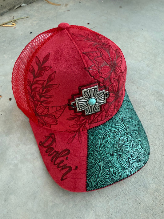 Red floral burned concho trucker hat custom ball cap SnapBack