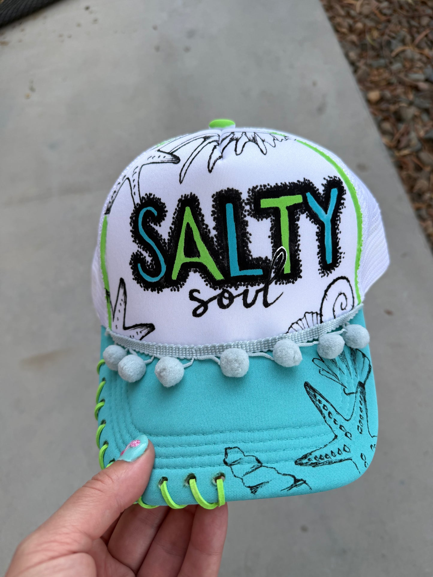 Salty soul painted trucker hat custom ball cap SnapBack