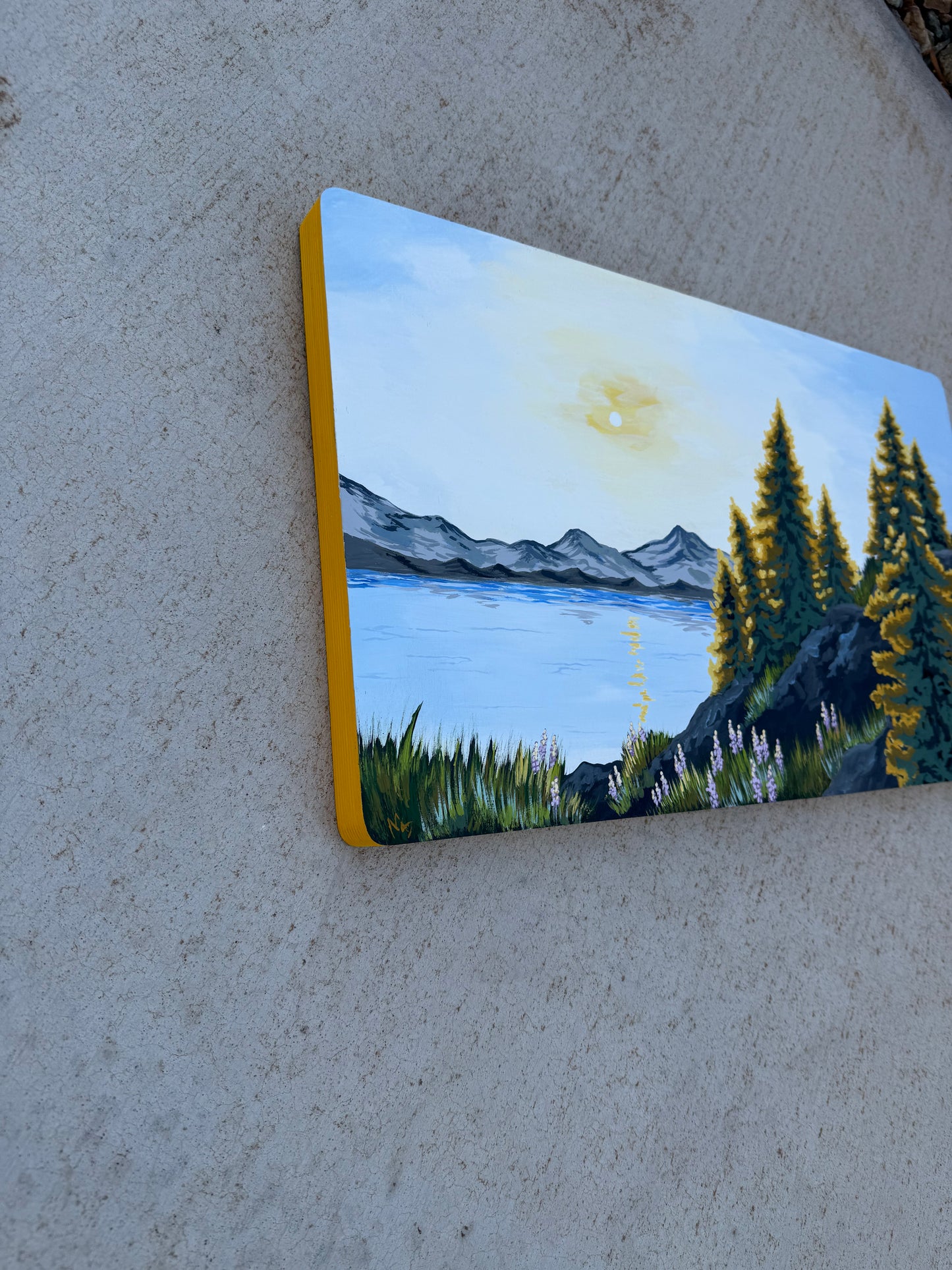 Glowing pines original painting on wood panel