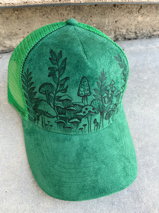 Green mushroom fern burned trucker hat custom ball cap SnapBack