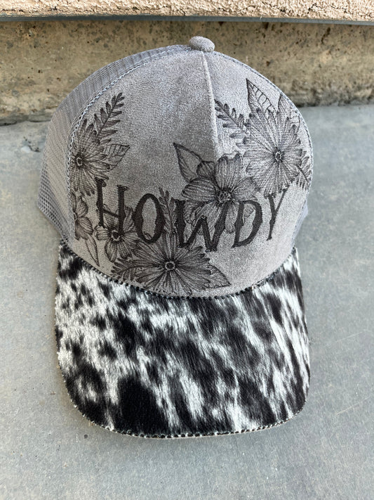 Grey howdy cow print burned trucker hat custom ball cap SnapBack