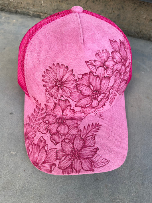 Pink floral burned trucker hat custom ball cap SnapBack