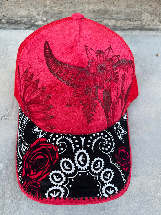 Red steer head bandana burned trucker hat custom ball cap SnapBack