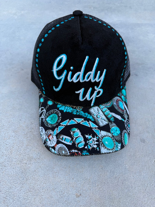 Black turquoise giddy up burned trucker hat custom ball cap SnapBack