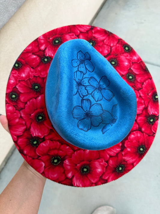 Blue poppies suede wide brim rancher hat