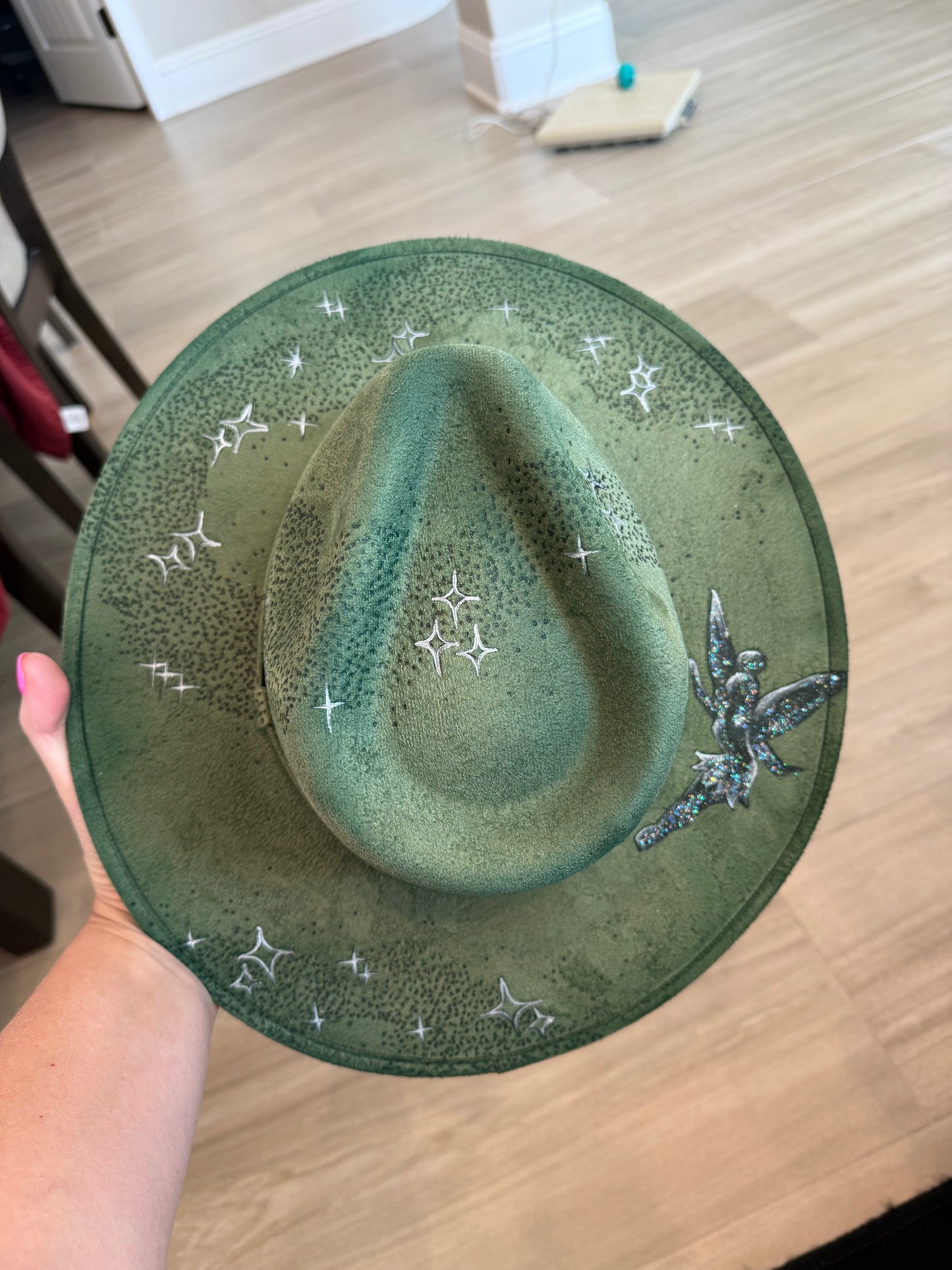 Green pixie fairy burned suede wide brim rancher hat
