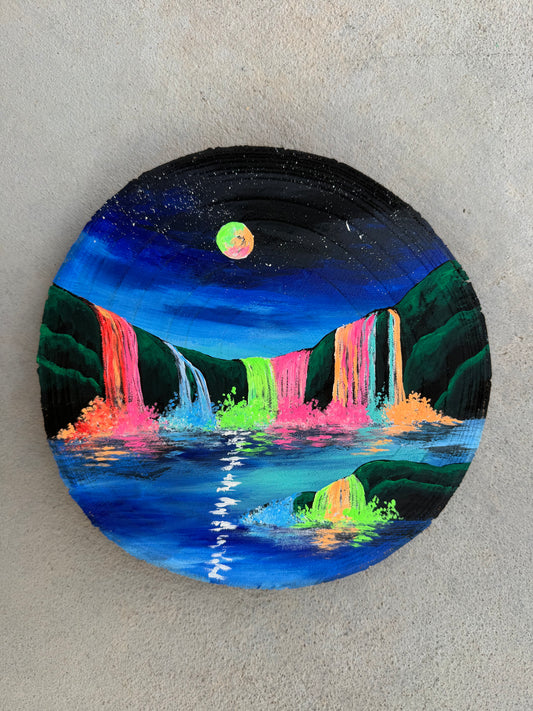 Neon waterfall wood round painting