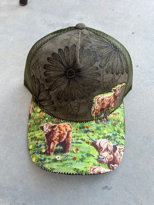 Olive green highland cow burned trucker hat custom ball cap SnapBack