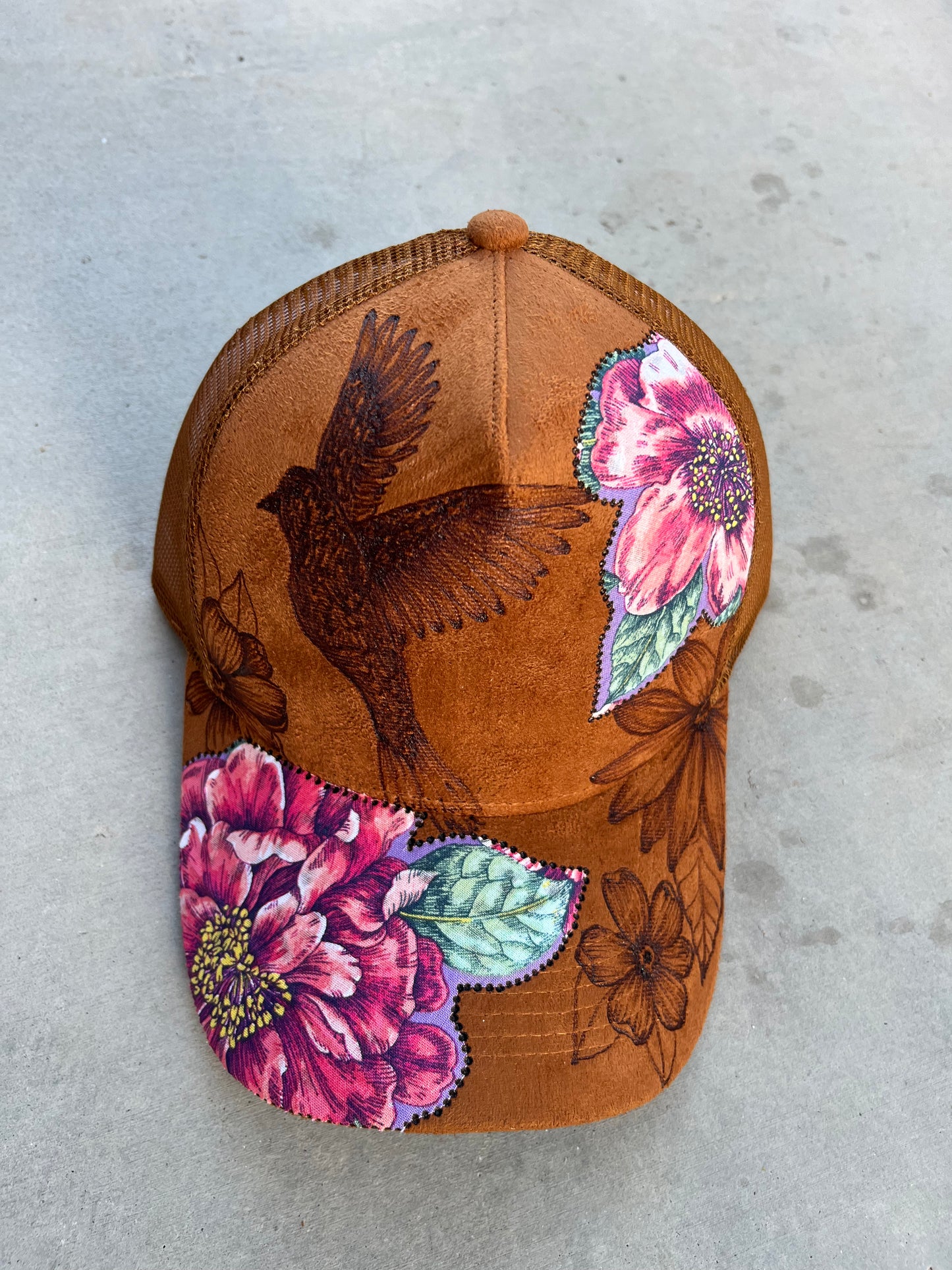 Dark camel bird floral burned trucker hat custom ball cap SnapBack