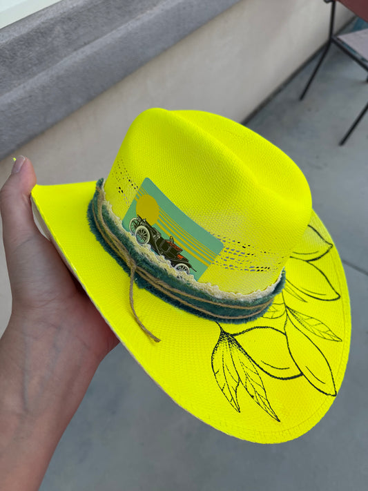 Yellow lemon straw wide brim cowboy hat