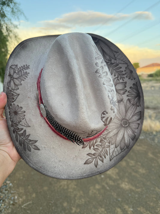 Taupe floral burned suede cowhide wide brim cowboy hat