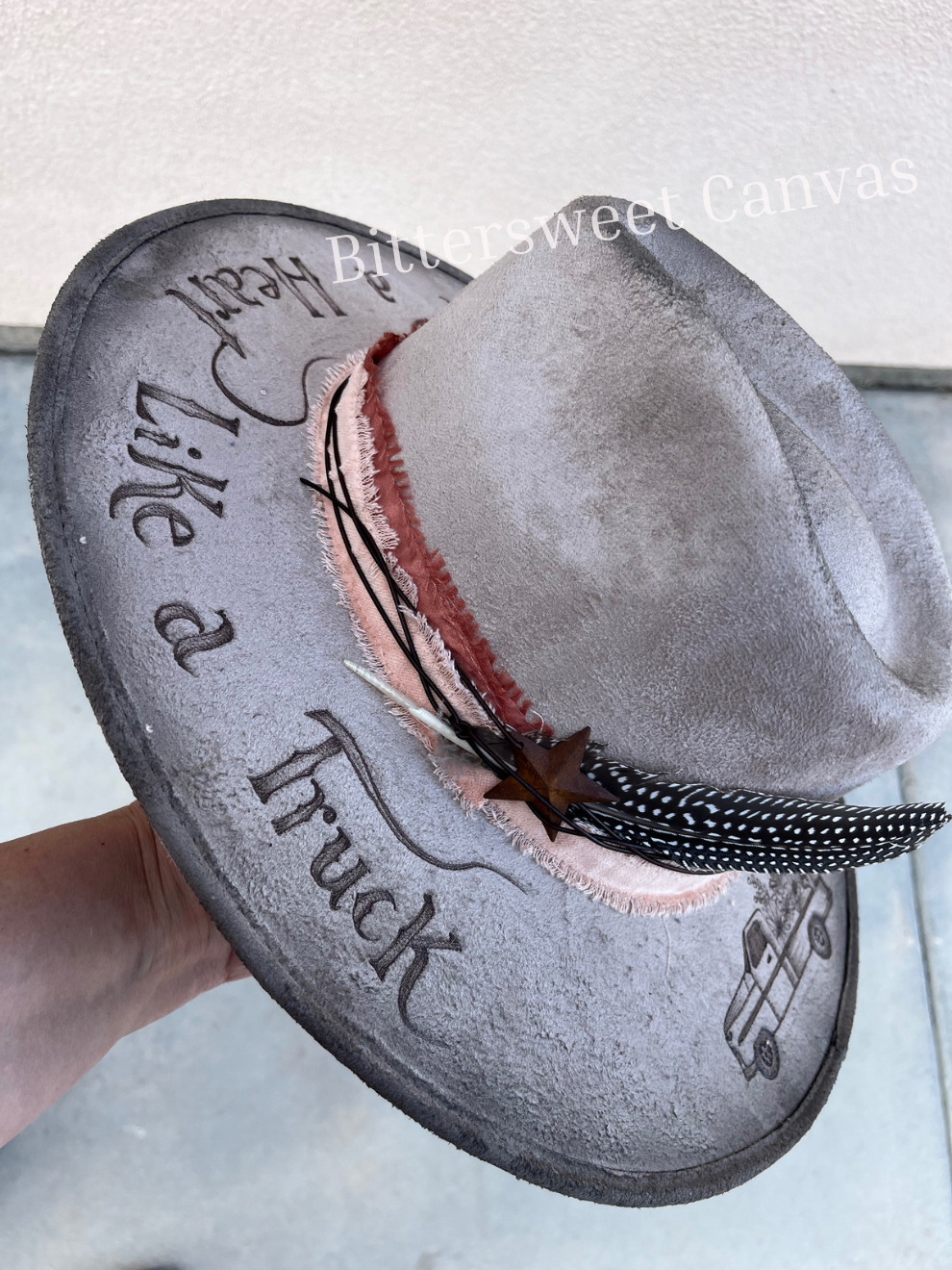 Heart like a truck taupe burned suede wide brim rancher hat