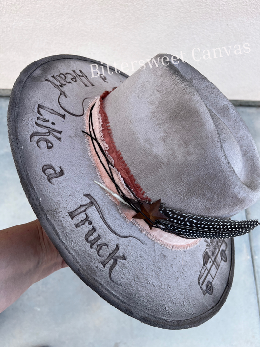 Heart like a truck taupe burned suede wide brim rancher hat