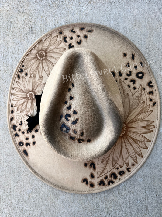 Beige sunflower cheetah leopard suede wide brim rancher hat