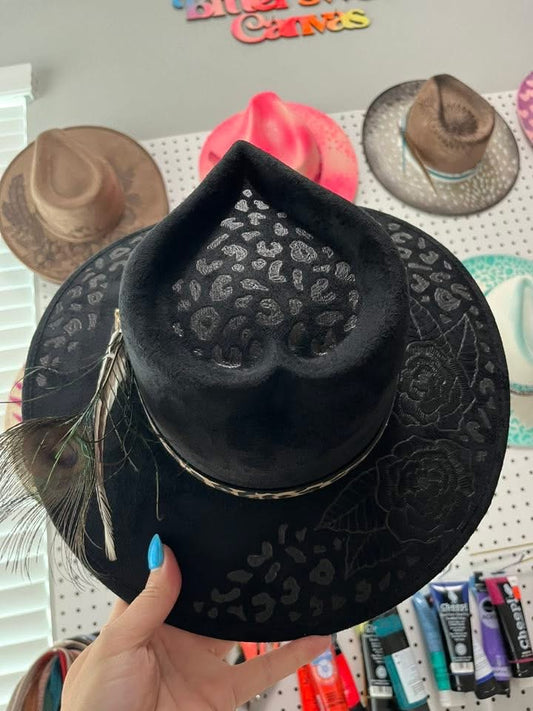 Black leopard hear crown suede wide brim rancher hat