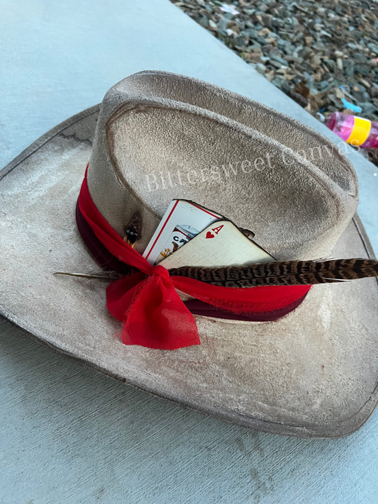 Beige distressed revolver fabric lined burned suede wide brim cowboy hat