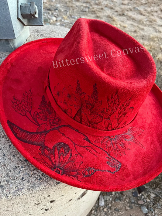 Red steer head floral suede wide brim rancher hat