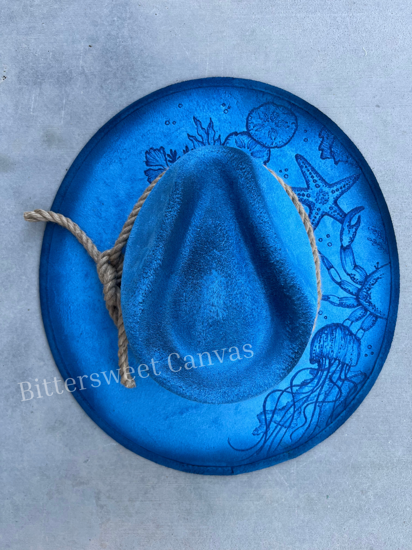 Jellyfish blue crab beach fabric lined suede wide brim rancher hat