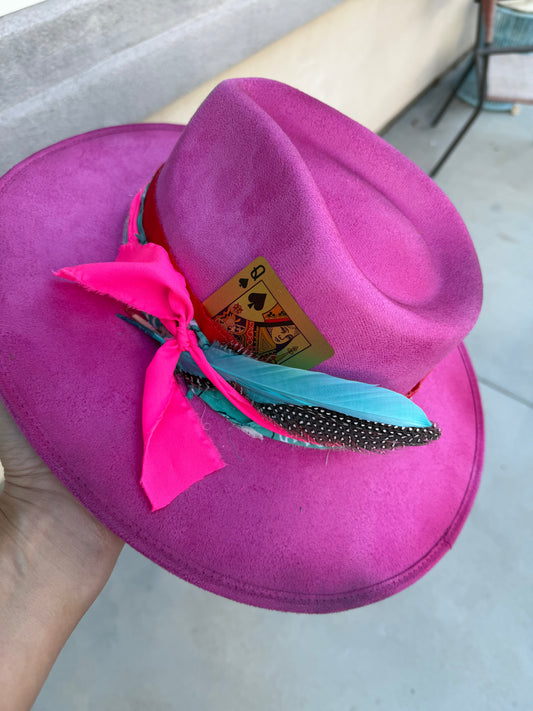 Pink floral suede wide brim rancher hat