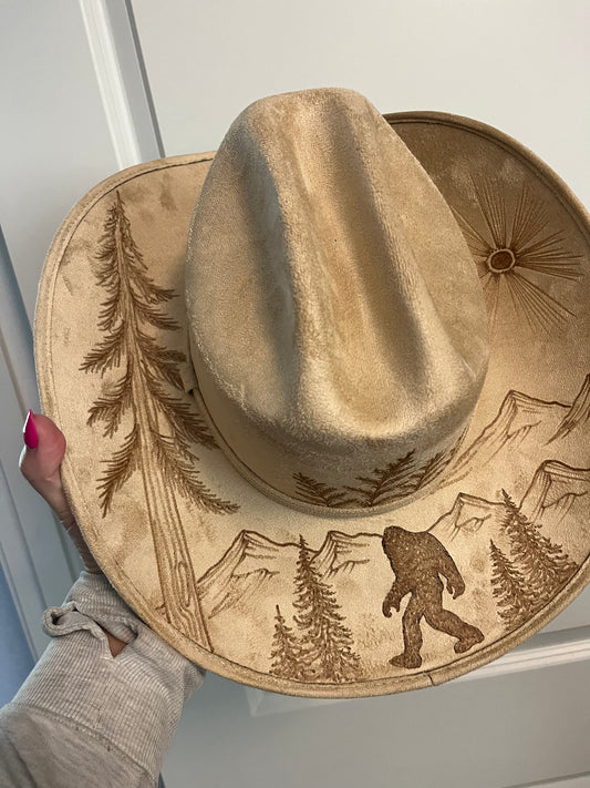 Beige bigfoot cowboy burned suede flat crown wide brim rancher hat