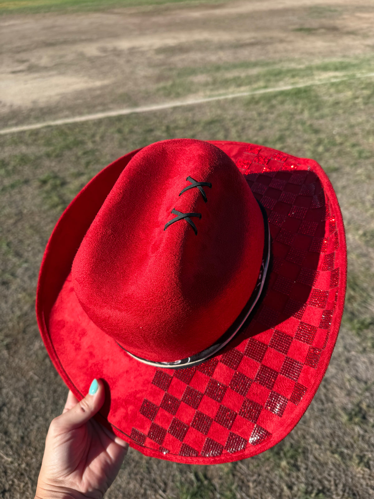 Red rhinestone burned suede wide brim cowboy hat
