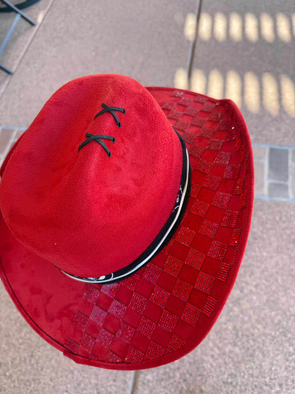Red rhinestone burned suede wide brim cowboy hat