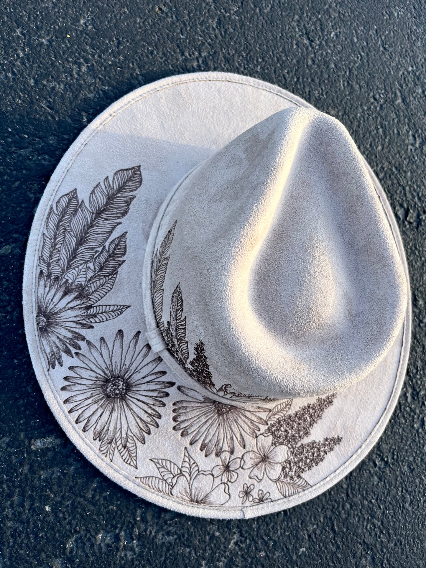 Floral boho burned taupe beige suede floral feather floral wide brim rancher hat