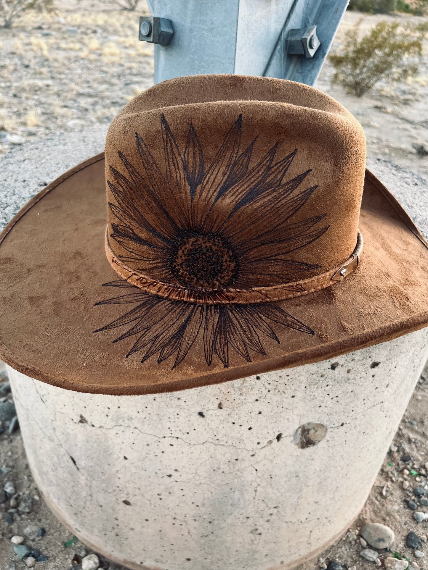 Steer head cow skull brown floral burned suede wide brim cowboy rancher hat