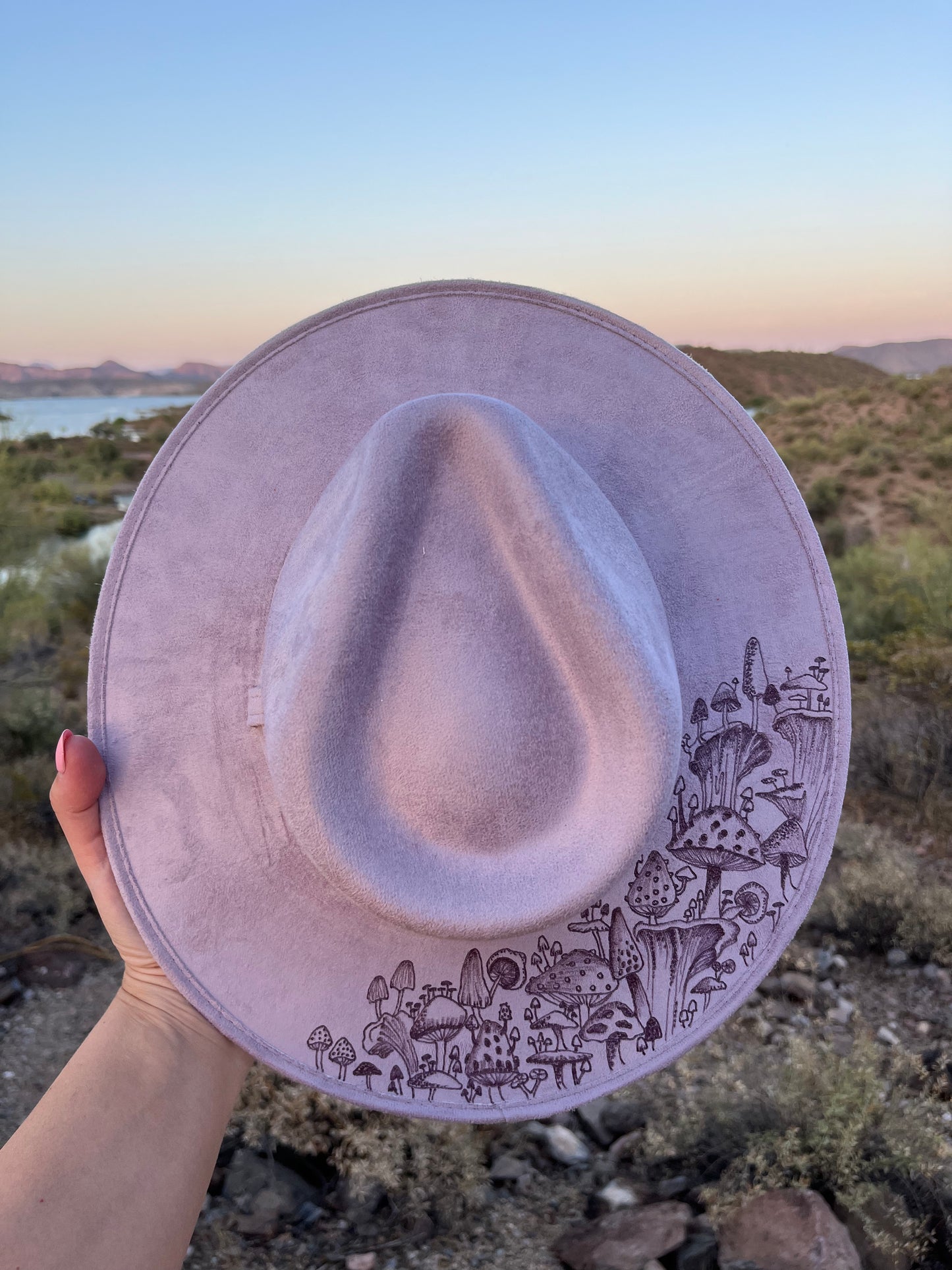 Lavender mushroom burned suede wide brim rancher hat