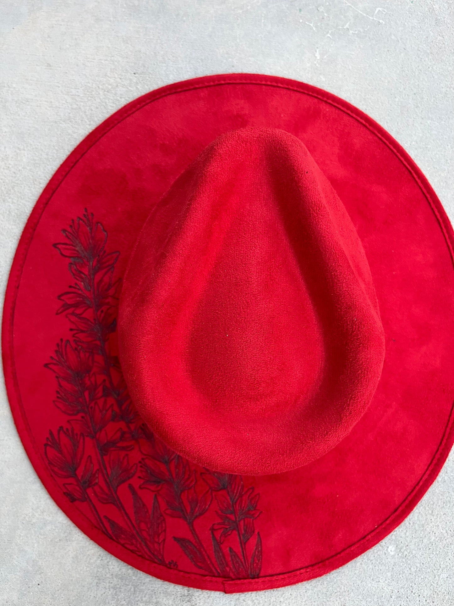 Red Indian paintbrush floral suede wide brim rancher hat
