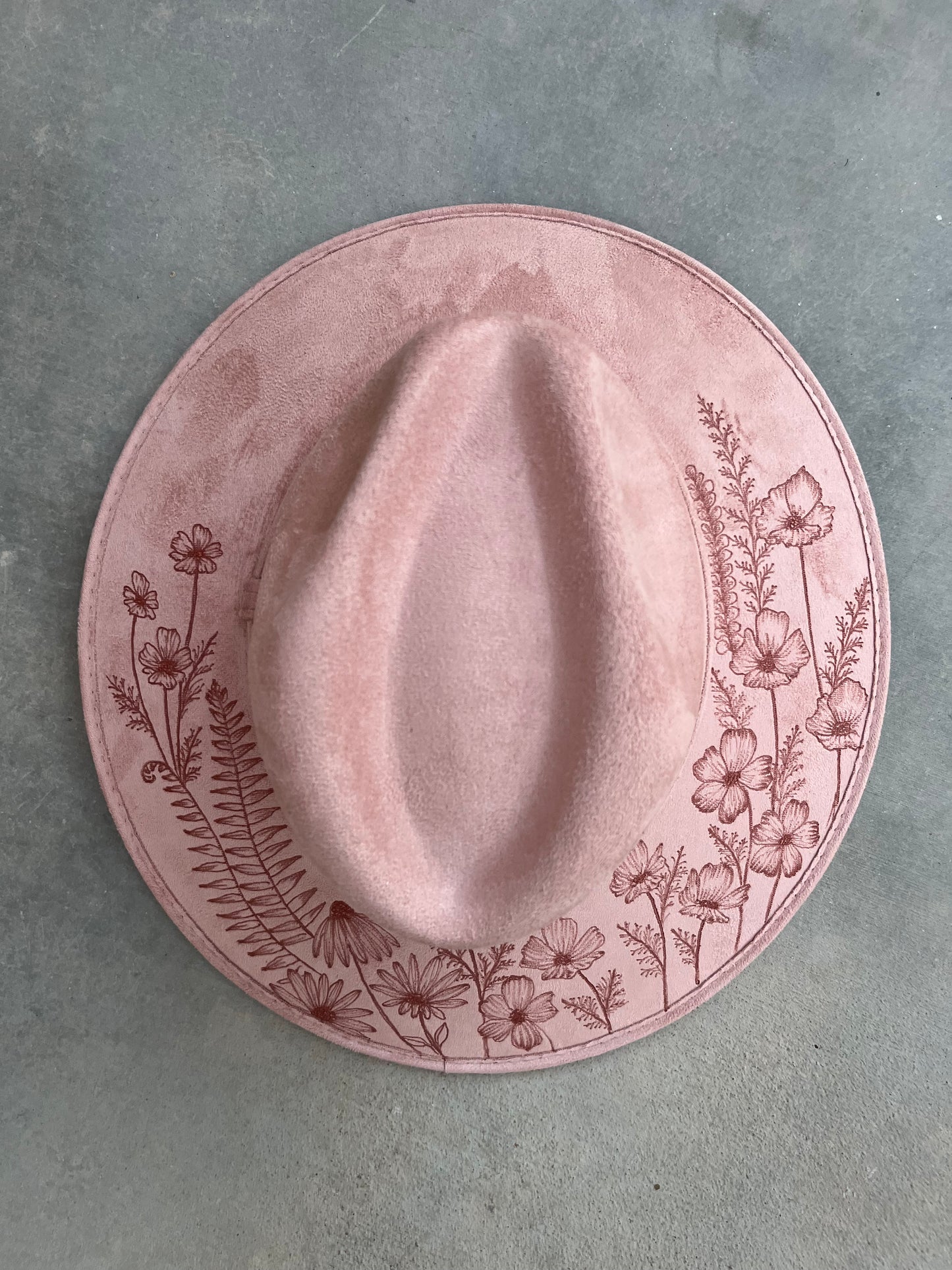 Blush pink poppy floral burned suede wide brim rancher hat