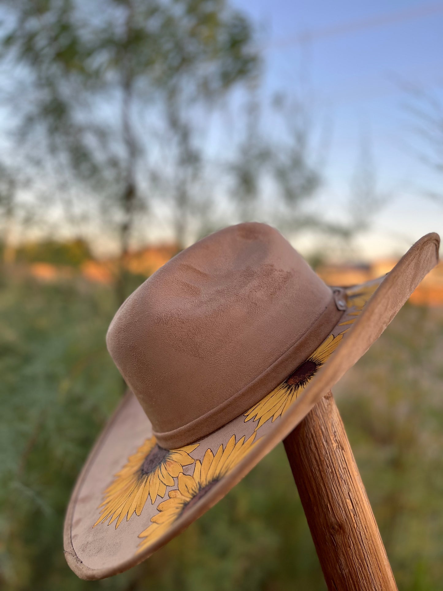 Sunflower floral tan vegan suede wide brim cowboy rancher hat