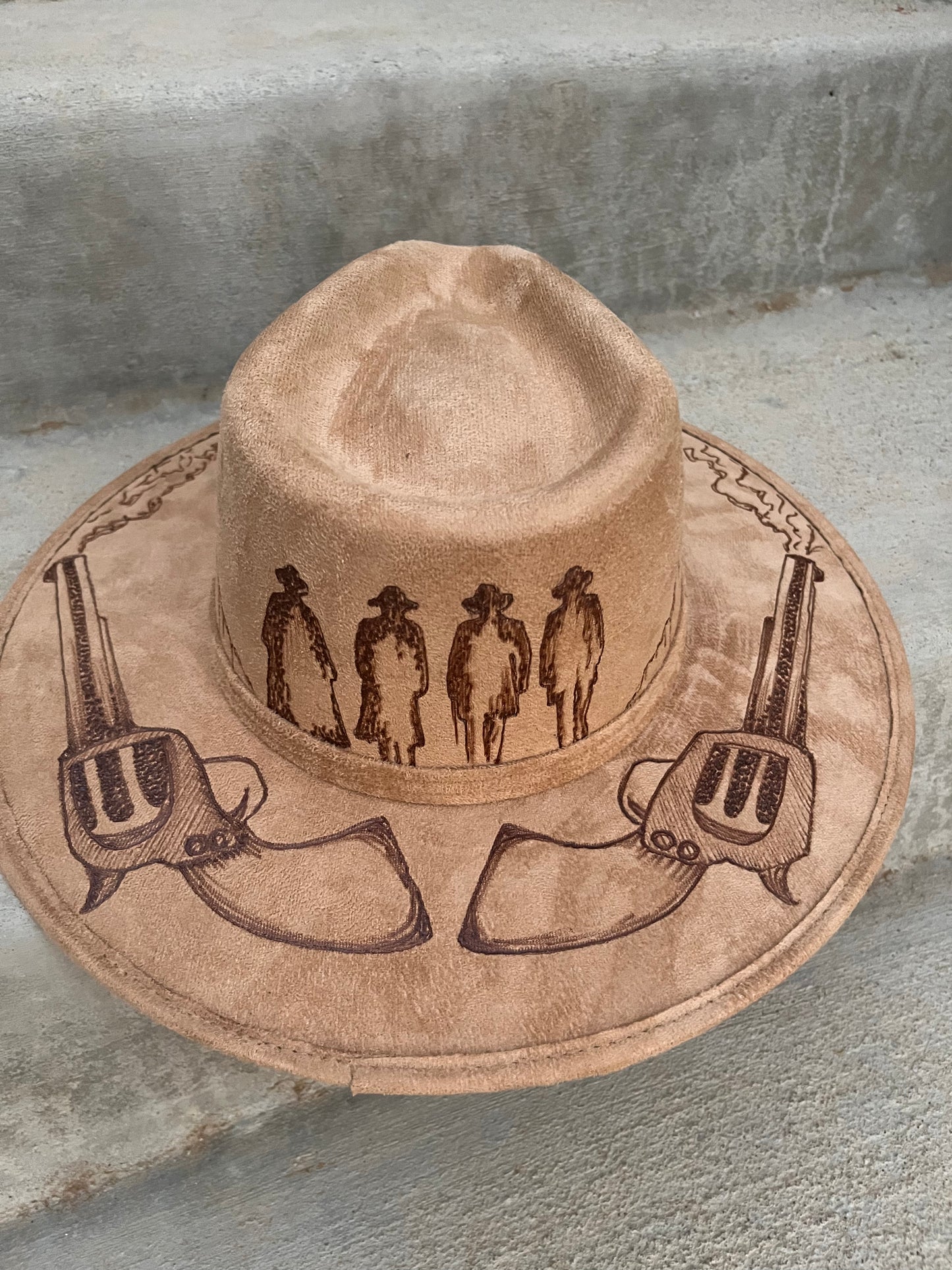 Tan I’m your huckleberry tombstone revolvers burned suede wide brim rancher hat