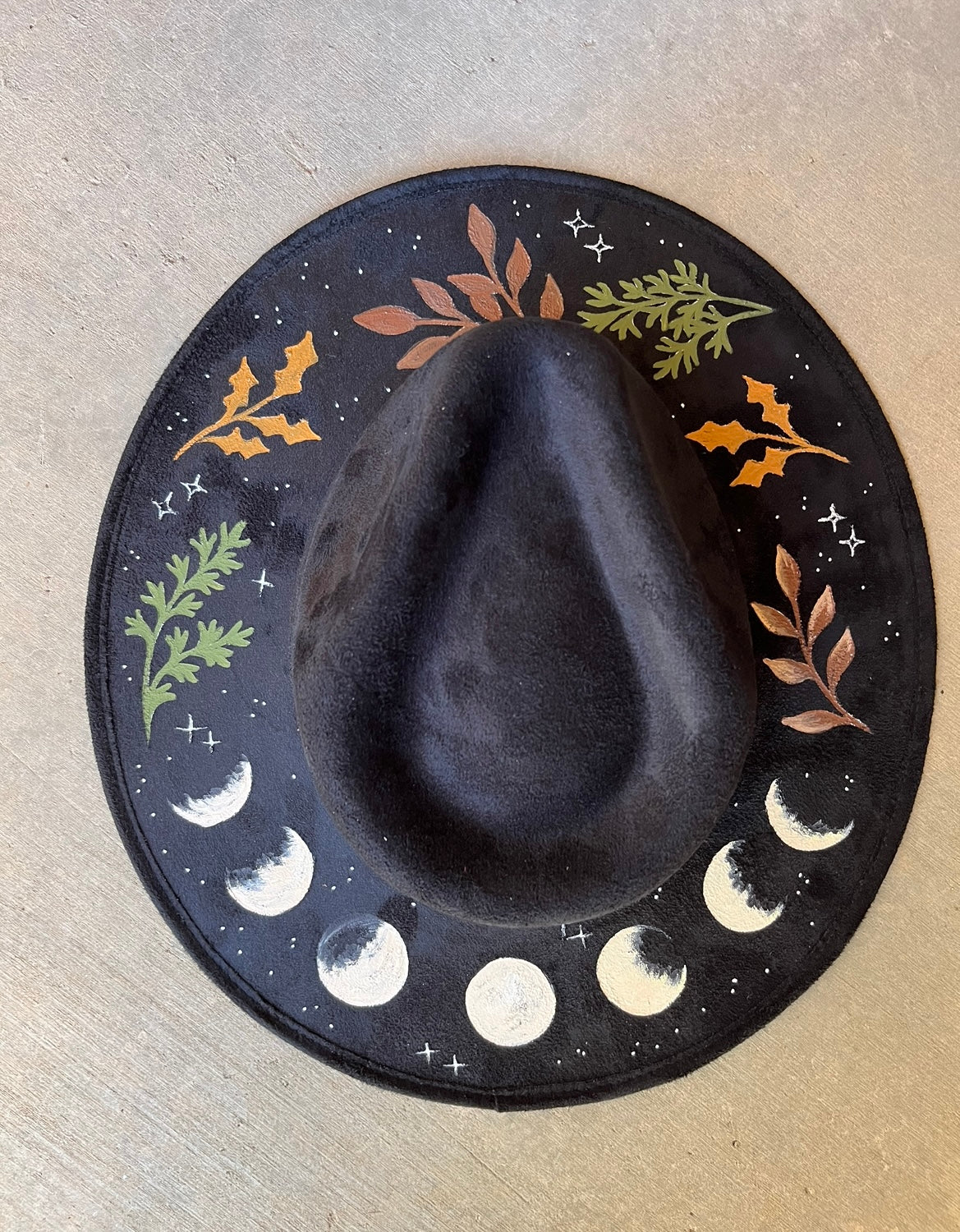 Moon phases autumn black suede wide brim rancher hat