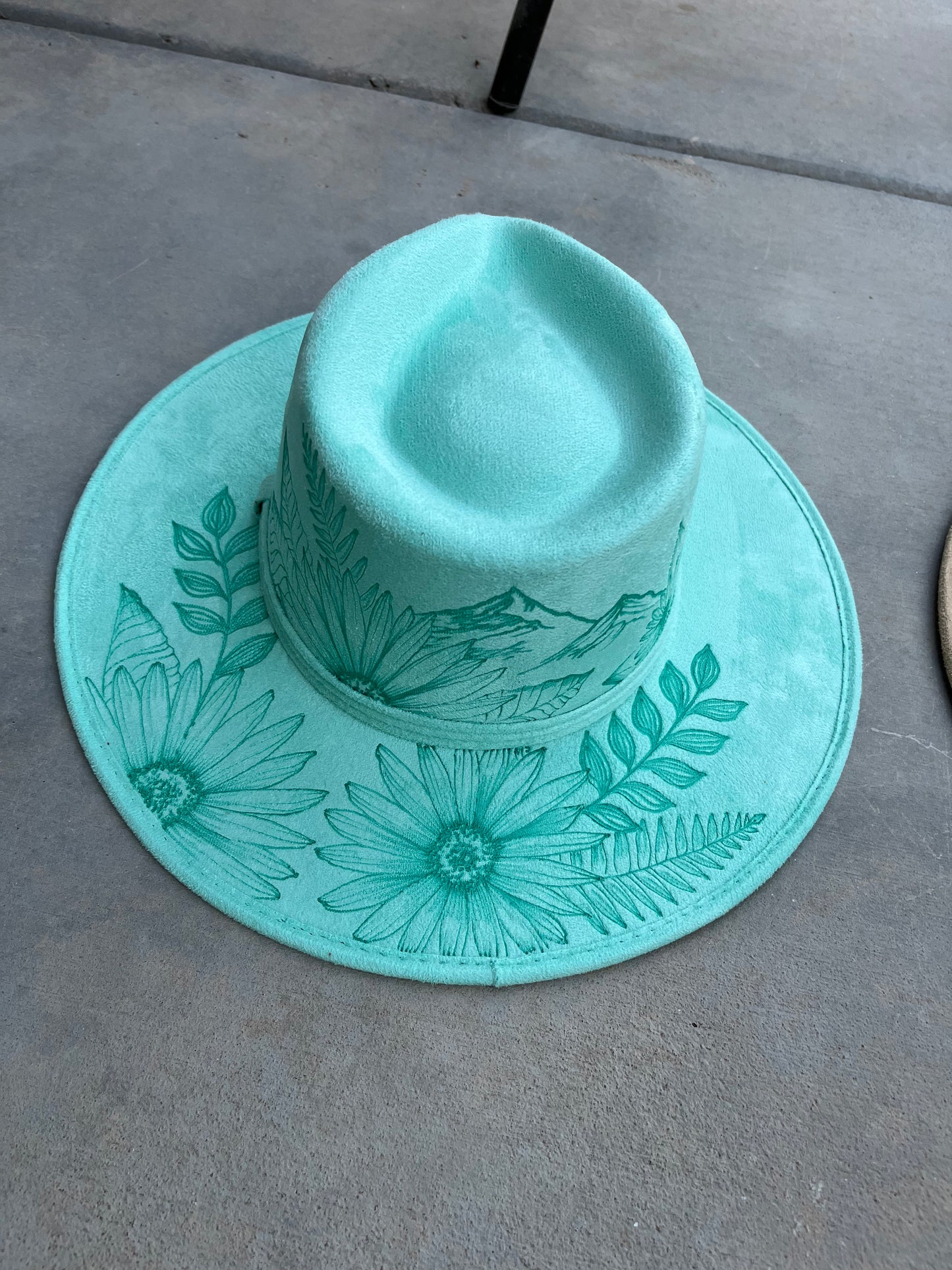 Mint green mountain floral suede wide brim rancher hat