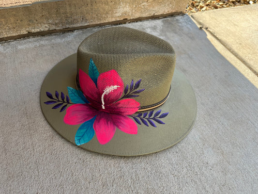 Hibiscus tropical floral summer straw jute rancher Panama hat